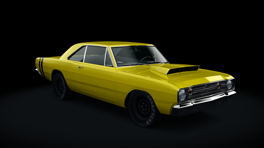 1968 Dodge Dart  Hood scoop, skin Bolt Yellow W black Stripe